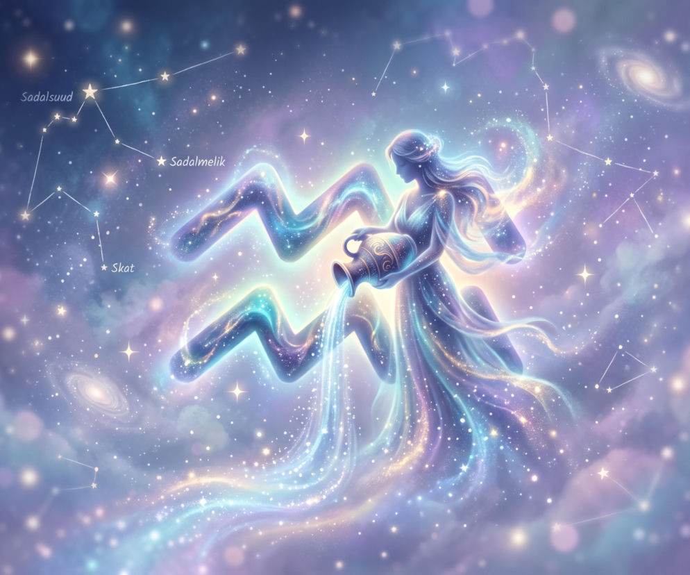 Postać kobiety z dzbanem na tle znaku zodiaku Wodnika i gwiazdozbioru. O horoskopie dla Wodnika przeczytasz w Eska.