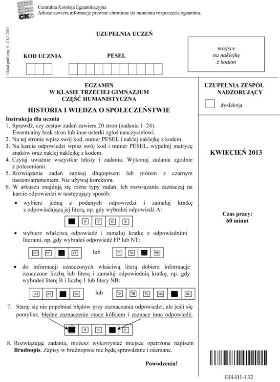 EGZAMIN GIMNAZJALNY 2013 HISTORIA, WOS - ARKUSZE, ODPOWIEDZI