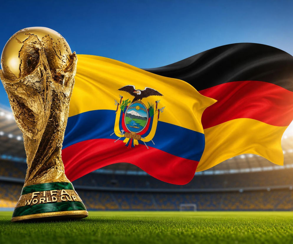 Puchar FIFA World Cup na tle powiewających flag Ekwadoru i Niemiec, symbolizujący mecz obu reprezentacji na Mundialu 2026. Tło stanowi rozmyty stadion piłkarski, co podkreśla sportowy kontekst. Więcej informacji o meczu znajdziesz na naszym portalu.