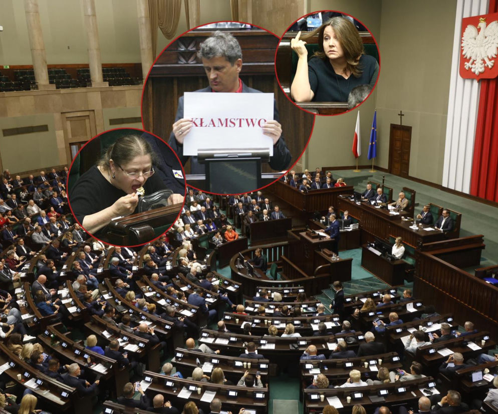 Sala obrad Sejmu. Na miniaturach: Krystyna Pawłowicz, Janusz Palikot i Joanna Lichocka. Czytaj w SE Polityka.