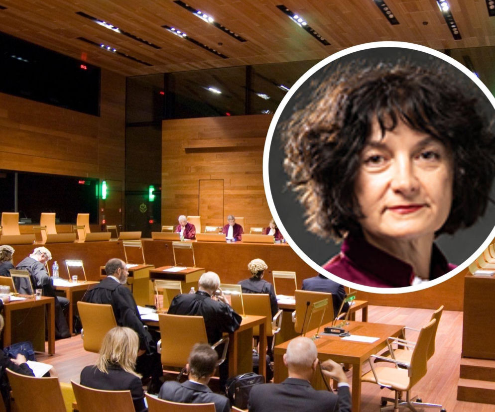 Rzeczniczka generalna TSUE Tamara Ćapeta na pierwszym planie, w tle sala rozpraw Trybunału Sprawiedliwości UE z sędziami w togach. Ważne informacje dotyczące KPO i decyzji Rady UE w artykule na Super Biznes.