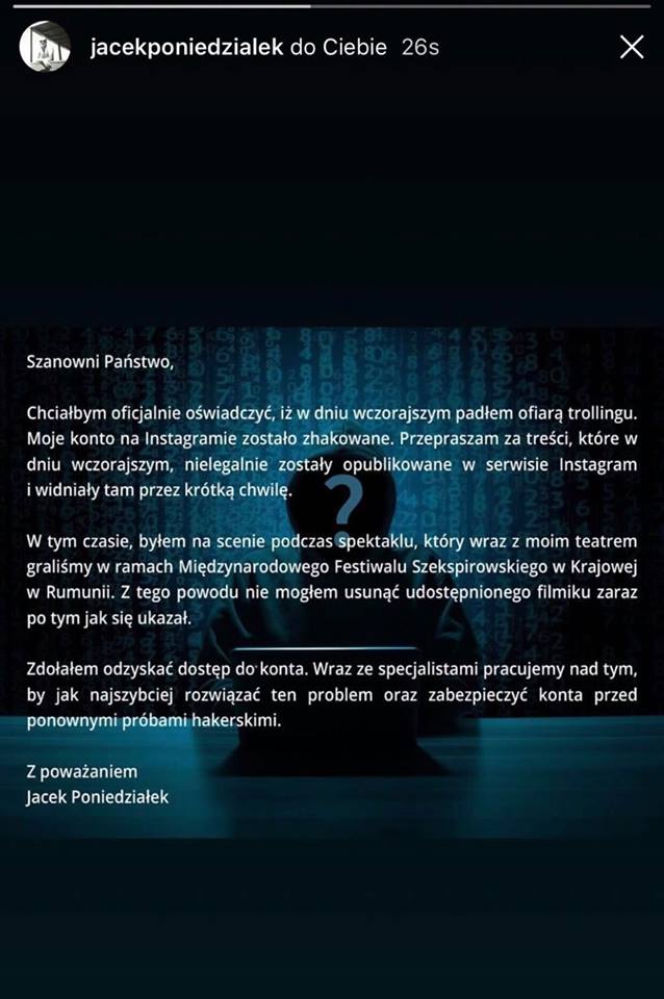 Jacek Poniedziałek oświadczenie