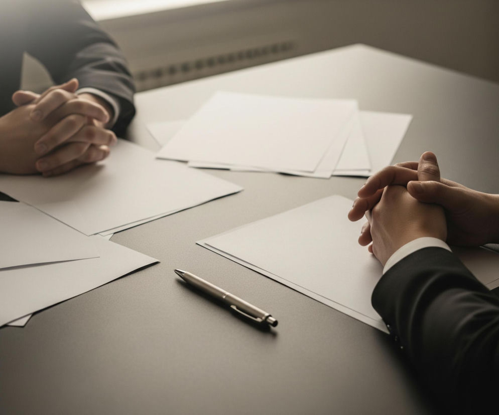 Dwie osoby w ciemnych garniturach siedzą naprzeciwko siebie przy czarnym, prostokątnym stole. Obie osoby mają złożone ręce, z dłońmi splecionymi na wysokości klatki piersiowej. Na stole leżą stosy białych, pustych kartek papieru i jeden srebrny długopis. Tło stanowi rozmyta ściana z widocznym światłem słonecznym wpadającym z góry po lewej stronie.