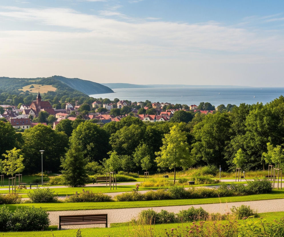 Na pierwszym planie widoczny jest zielony park z jasnymi ścieżkami wyłożonymi kostką brukową, krzewami i młodymi drzewami, przy których stoją ławki i kosze na śmieci. Dalej rozciąga się miejski krajobraz z licznymi domami o czerwonych dachach i wieżą kościoła z cegły, otoczony gęstymi, zielonymi drzewami. W tle znajduje się szeroka, spokojna zatoka morska z kilkoma żaglówkami, a za nią wznoszą się zalesione wzgórza pod błękitnym niebem z rozproszonymi chmurami.
