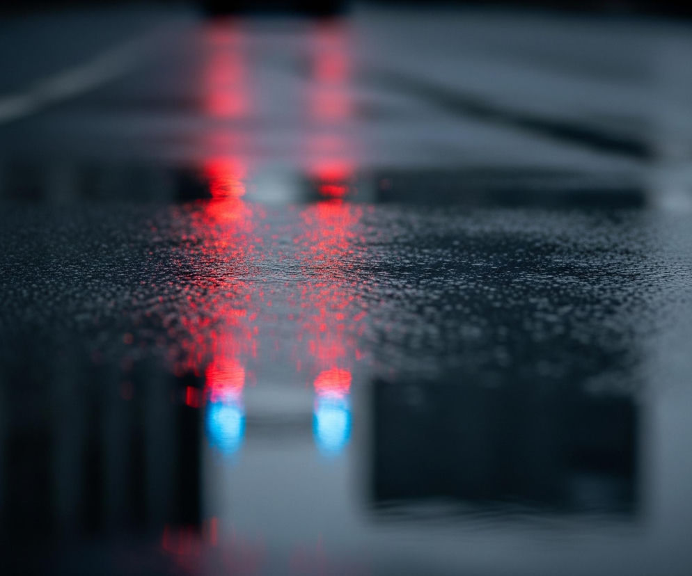 Mokry, ciemny asfalt pokryty jest drobnymi kropelkami wody, które odbijają światło. Na pierwszym planie, w dolnej części obrazu, widoczne są rozmyte odbicia czerwonych i niebieskich świateł, sugerujące obecność pojazdów lub sygnalizacji świetlnej. W tle, na rozmytej powierzchni asfaltu, widać smugi i linie, prawdopodobnie białe oznakowanie poziome. Całość utrzymana jest w ciemnych, chłodnych barwach, z dominacją szarości, czerni i głębokiego granatu, rozjaśnionymi intensywnymi, rozmazanymi światłami.