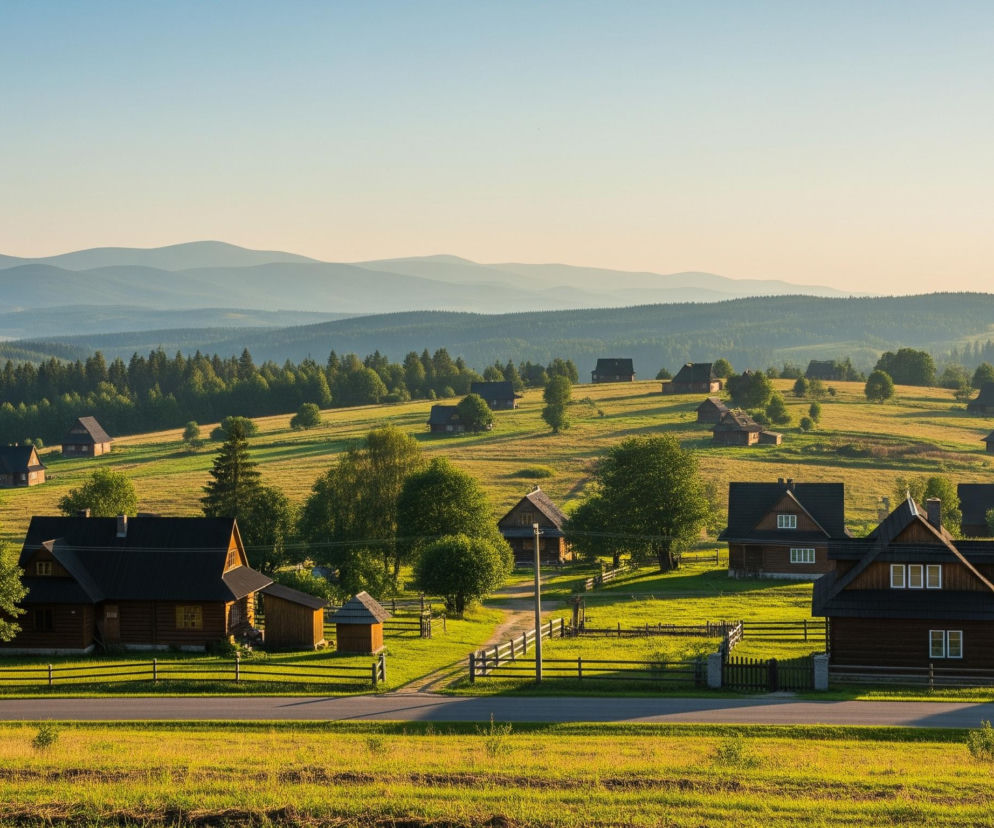 Rozległy, sielankowy krajobraz ukazuje pasmo górskie z licznymi drewnianymi domami, rozrzuconymi po zielonych wzgórzach. Na pierwszym planie widoczna jest asfaltowa droga, za którą ciągną się trawiaste pola poprzecinane drewnianymi płotami. Domy mają ciemne dachy i jasne ramy okienne, a ich otoczenie wzbogacają liczne drzewa i krzewy. W tle, pasma górskie o niebieskawym odcieniu stapiają się z czystym, błękitnym niebem, lekko jaśniejącym przy horyzoncie.