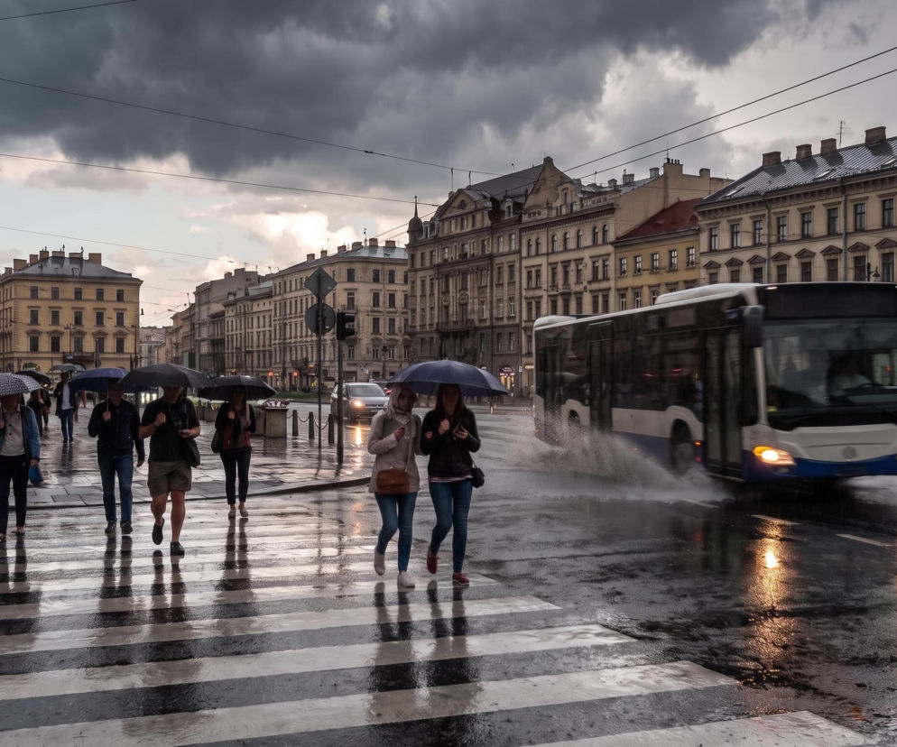 Ludzie z parasolami na przejściu dla pieszych w deszczowy dzień. O prognozie pogody na wrzesień przeczytasz w serwisie Eska.