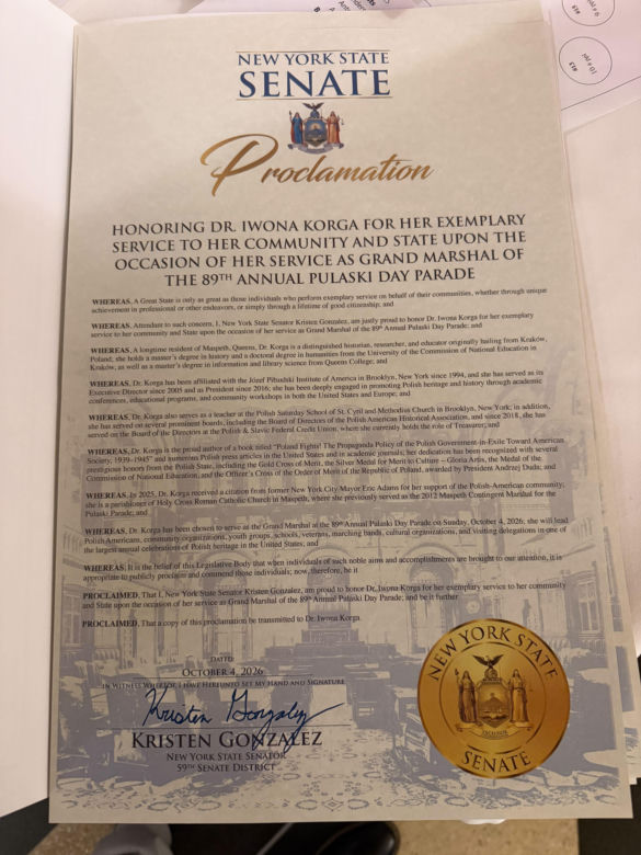 Proklamacja Senatu NY honorująca Iwonę Korgę