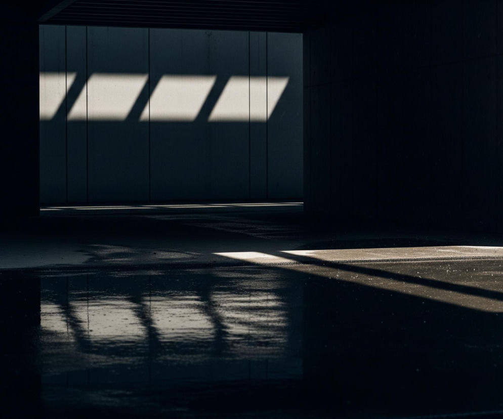 Ciemne wnętrze betonowego pomieszczenia lub parkingu, zdominowane przez grę światła i cienia. Na podłodze widoczne są kałuże wody odbijające otoczenie. Po lewej stronie pionowy, betonowy filar oddziela jasne, prostokątne pasy światła padające z góry na tylną ścianę, tworząc na niej serię ukośnych, jasnych prostokątów. Prawa strona obrazu jest znacznie ciemniejsza, z lekkim blaskiem światła w prawym górnym rogu.