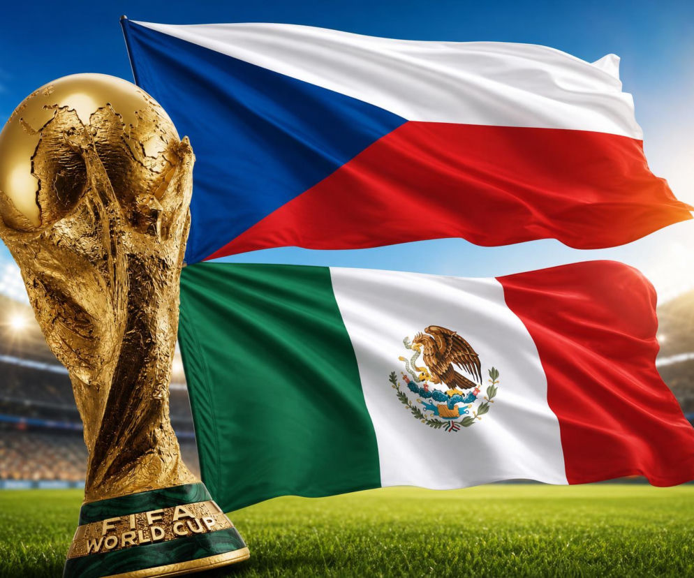 Puchar Świata FIFA oraz dwie powiewające flagi: Czech i Meksyku, w tle stadion piłkarski. Ten obraz symbolizuje mecz Czechy – Meksyk na Mundialu 2026, o którym możesz przeczytać więcej na naszym portalu.