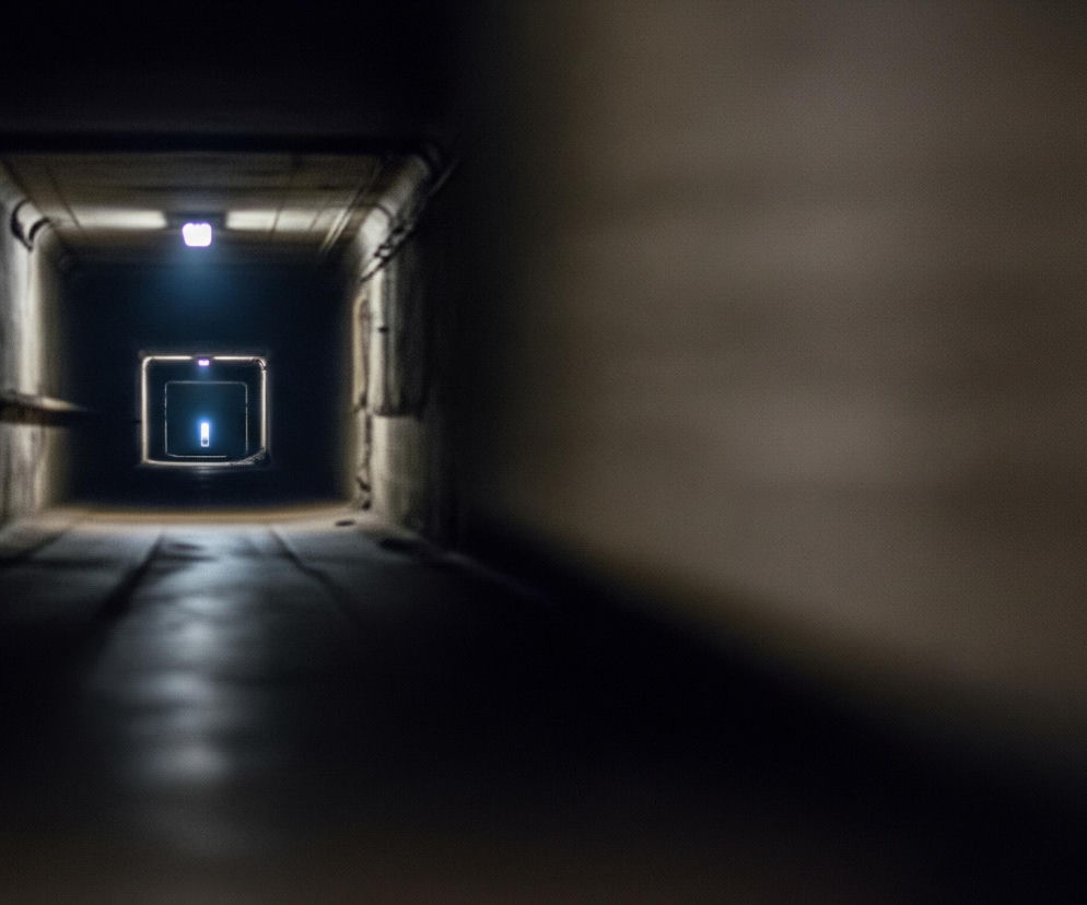 Ciemny, betonowy korytarz rozciąga się w głąb obrazu, zwężając się perspektywicznie. Na suficie w regularnych odstępach wiszą prostokątne lampy świecące białym światłem, a jedna z nich jest widoczna na pierwszym planie po lewej stronie. Na końcu korytarza widoczny jest jasny, prostokątny otwór lub portal otoczony neonowym konturem, wewnątrz którego pionowy, świecący obiekt emituje niebieskawe światło. Prawa strona obrazu jest zamazana i rozmyta, ukazując jedynie ciemnobrązową, nieostrą powierzchnię ściany.