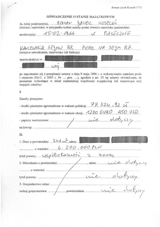 Roman Kosecki, oświadczenie majątkowe