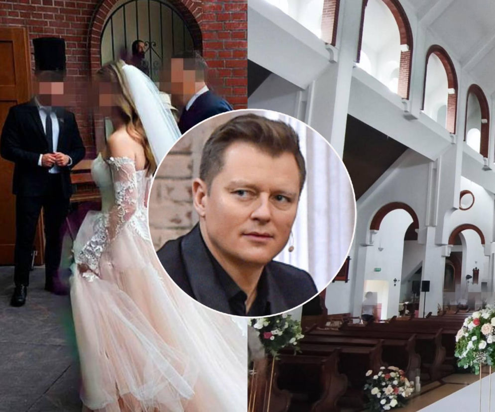 Rafał Brzozowski na tle pary młodej i wnętrza kościoła. O szczegółach hucznego ślubu przeczytasz na SE.