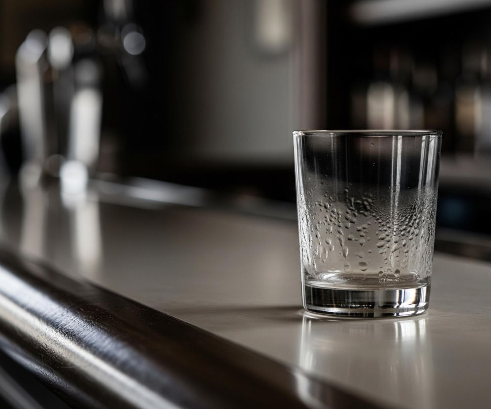 Na blacie w barze stoi przezroczysta szklanka, pokryta drobnymi kropelkami kondensacji na zewnętrznej powierzchni. Szklanka zawiera niewielką ilość klarownej cieczy na dnie. Blat jest jasnoszary, a w jego lewym dolnym rogu widoczna jest metalowa poręcz, która odbija światło. Tło jest rozmyte, z widocznymi zarysami butelek i elementów wyposażenia baru.