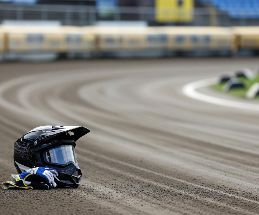 Czarny kask motocyklowy z białymi elementami i goglami leży na piaszczystej powierzchni toru żużlowego w lewej dolnej części kadru. Obok niego, na złożonej niebiesko-żółtej tkaninie, leżą biało-niebieskie rękawiczki. Tor, o szarobrązowej barwie, z widocznymi śladami po oponach, zakręca w prawo, a w oddali widać zielone pole z białymi bandami wewnętrznymi. Na drugim planie rozciągają się rozmyte trybuny z żółtymi i niebieskimi siedzeniami.