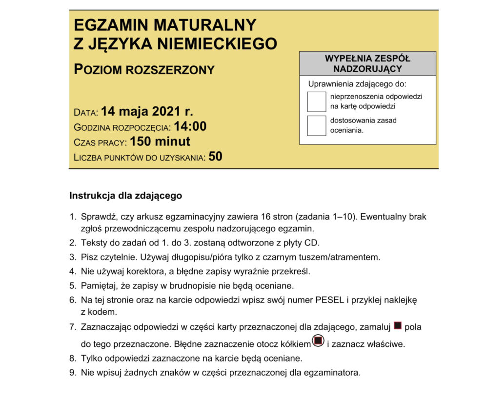 Matura 2021: Arkusz CKE z języka niemieckiego na poziomie rozszerzonym [14.05.2021]