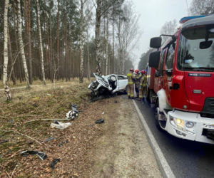 Groźny wypadek pod Bydgoszczą! Kierowca zakleszczony w aucie po uderzeniu w drzewo