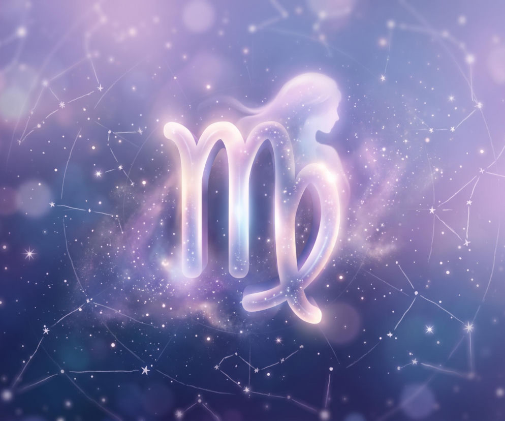 Świecący symbol zodiakalnej Panny na tle kosmosu i gwiazd. O horoskopie dziennym dla Panny przeczytasz w Eska.