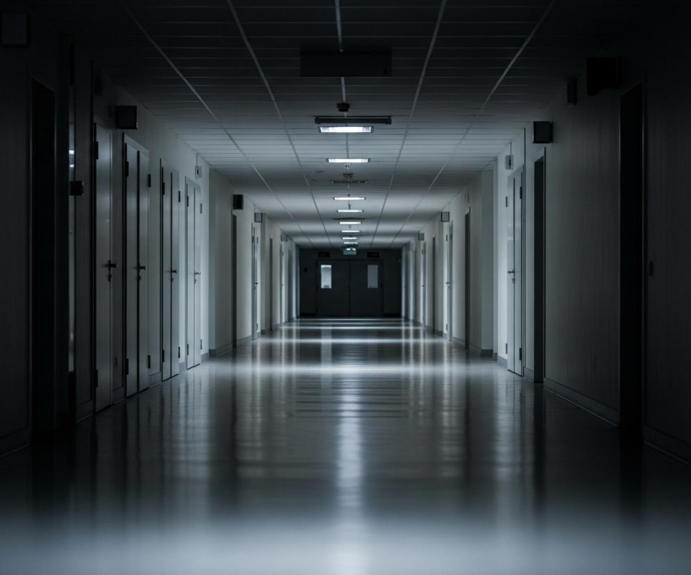 Długi, prosty korytarz, oświetlony rzędem prostokątnych lamp sufitowych, rozciąga się w głąb obrazu. Ściany są jasnoszare, a podłoga, odbijająca światło, sprawia wrażenie lustrzanej powierzchni w ciemnym odcieniu. Po obu stronach korytarza widoczne są liczne, jednolite drzwi, tworzące symetryczny wzór. W oddali, na końcu korytarza, znajdują się podwójne ciemne drzwi, przez które widać słabe światło z dalszej przestrzeni.