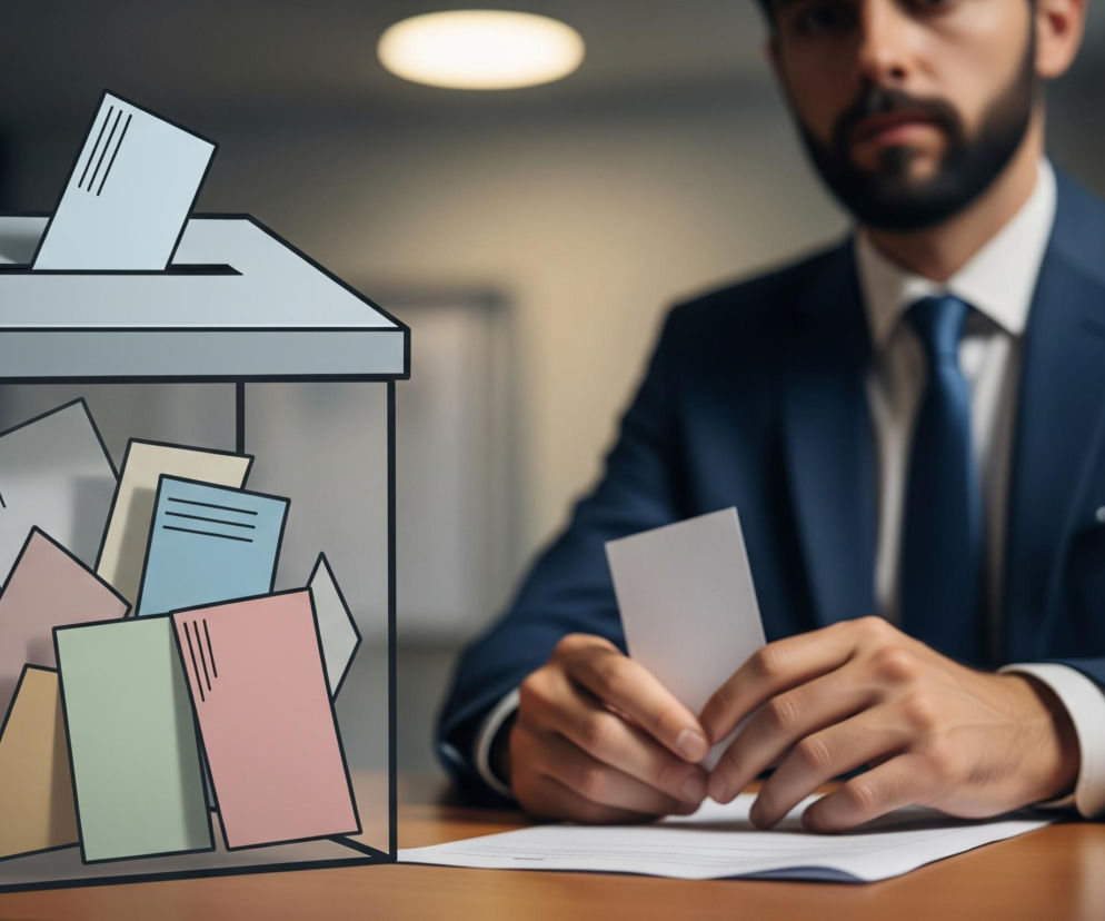 Przezroczysta urna z szarą górą i szczeliną na głosy zajmuje lewą część kadru. W jej wnętrzu widać wiele kolorowych kartek przypominających głosy: różowe, błękitne, zielone, beżowe i jasnoszare, niektóre z nich mają proste, czarne kreski symbolizujące tekst. Jedna szarawa kartka jest wkładana do szczeliny w urnie. Po prawej stronie, rozmazane tło przedstawia mężczyznę w ciemnoniebieskim garniturze i krawacie, z brodą, trzymającego w dłoniach małą, białą kartkę, przygotowując się do złożenia jej na stole obok innych dokumentów.