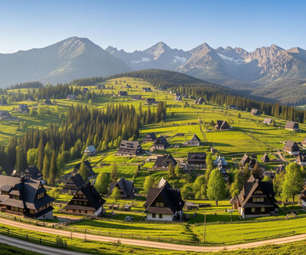 Na obrazie rozległa panorama ukazuje zielone wzgórza z licznymi domami i gęstymi lasami, a w tle majestatyczne, częściowo ośnieżone góry. Domy są drewniane, z ciemnymi, spadzistymi dachami i jasnymi ścianami, rozmieszczone po obu stronach wijącej się, piaszczystej drogi, otoczone płotami z drewnianych bali. Słońce oświetla krajobraz z prawej strony, rzucając długie cienie i podkreślając intensywną zieleń trawy oraz drzew iglastych, które dominują na zboczach i w dolinach. Niebo jest bezchmurne, jasnoniebieskie, rozciągające się nad horyzontem.
