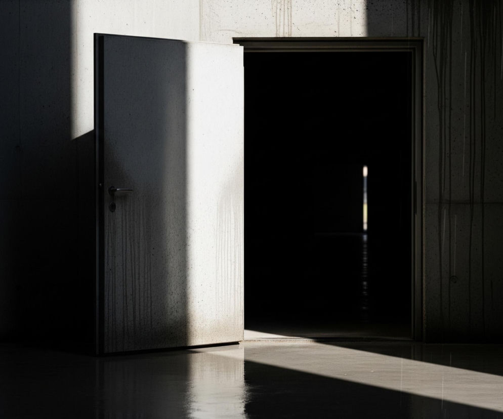 Otworzone drzwi ukazują wnętrze ciemnego pomieszczenia, z wąskim, pionowym pasem światła widocznym w oddali, sugerującym kolejne przejście. Lewa część betonowej ściany, do której przylega skrzydło drzwi, jest szarawa i zacieniona, z widocznymi drobnymi plamami i smugami. Prawe skrzydło drzwi, częściowo oświetlone ukośnym pasmem słońca, ma szarą, chropowatą powierzchnię z widoczną klamką w kolorze metalicznym. Podłoga odbija światło, tworząc refleksy, zwłaszcza w obszarze oświetlonym przez słońce, które również tworzy długi, ukośny cień na podłodze.