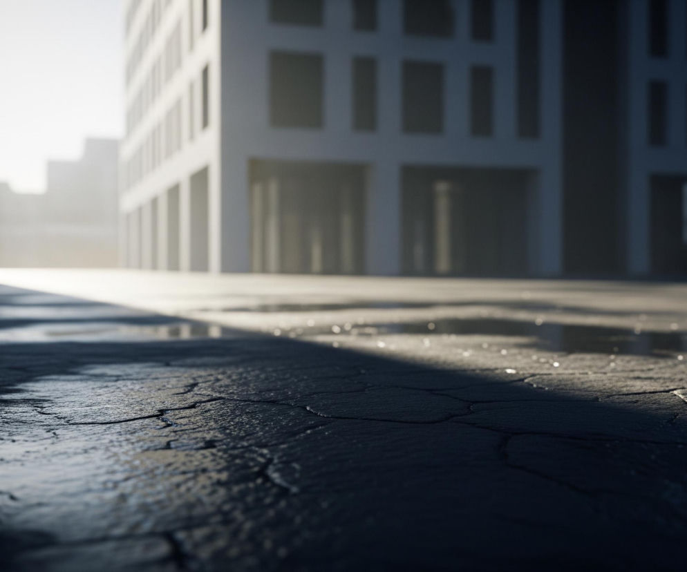 Na pierwszym planie widoczna jest mokra, popękana nawierzchnia asfaltowa lub betonowa, z wyraźnymi kałużami i odbiciami światła. Powierzchnia ta, pokryta pęknięciami, rozciąga się od lewego dolnego rogu, przez środek, w kierunku prawego dolnego rogu. Na drugim planie, w oddali, znajdują się niewyraźne, geometryczne kształty budynków w szarych i jasnych odcieniach, częściowo oświetlone jasnym światłem, które rozciąga się w smudze przez środek kompozycji. Źródło światła jest jasne i niemal białe, dominując na horyzoncie i tworząc wyraźny kontrast z ciemniejszym pierwszym planem i zacienionymi fragmentami budynków.