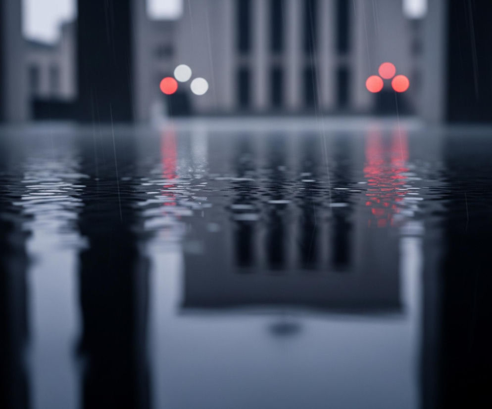 Ciemna powierzchnia wody, prawdopodobnie kałuża, zajmuje większą część kadru, falując nieregularnie i odbijając niewyraźne obrazy. Na powierzchni wody widoczne są liczne, pionowe smugi deszczu, delikatnie rozmazane. W tle, powyżej linii wody, znajduje się rozmyty widok budynków o architekturze z wyraźnie zaznaczonymi pionowymi elementami. Po lewej stronie widoczne są dwa białe, okrągłe światła, a po prawej dwa czerwone, okrągłe światła, wszystkie tworzą zamazane kręgi.