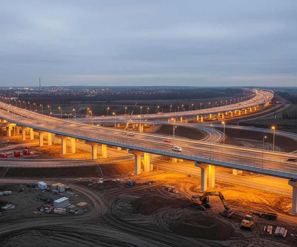 Rozbudowany węzeł drogowy przecina krajobraz, dominując obraz licznymi estakadami i zjazdami oświetlonymi pomarańczowym światłem lamp ulicznych. Główne estakady mają szare nawierzchnie z białymi pasami, wsparte na rzędach grubych, jasnoszarych filarów rzucających długie cienie na ciemnobrązowy, piaszczysty teren pod nimi. Na drogach widać pojedyncze samochody w kolorach białym, czarnym i czerwonym, a także smugi światła od jadących pojazdów. Poniżej estakad teren budowy z nierównościami, stosami materiałów i kilkoma koparkami oraz innym sprzętem budowlanym, również skąpanym w ciepłym, pomarańczowym blasku. W tle rozciąga się równina z ciemnymi drzewami i oddalonymi światłami miasta, pod szarym, zachmurzonym niebem.