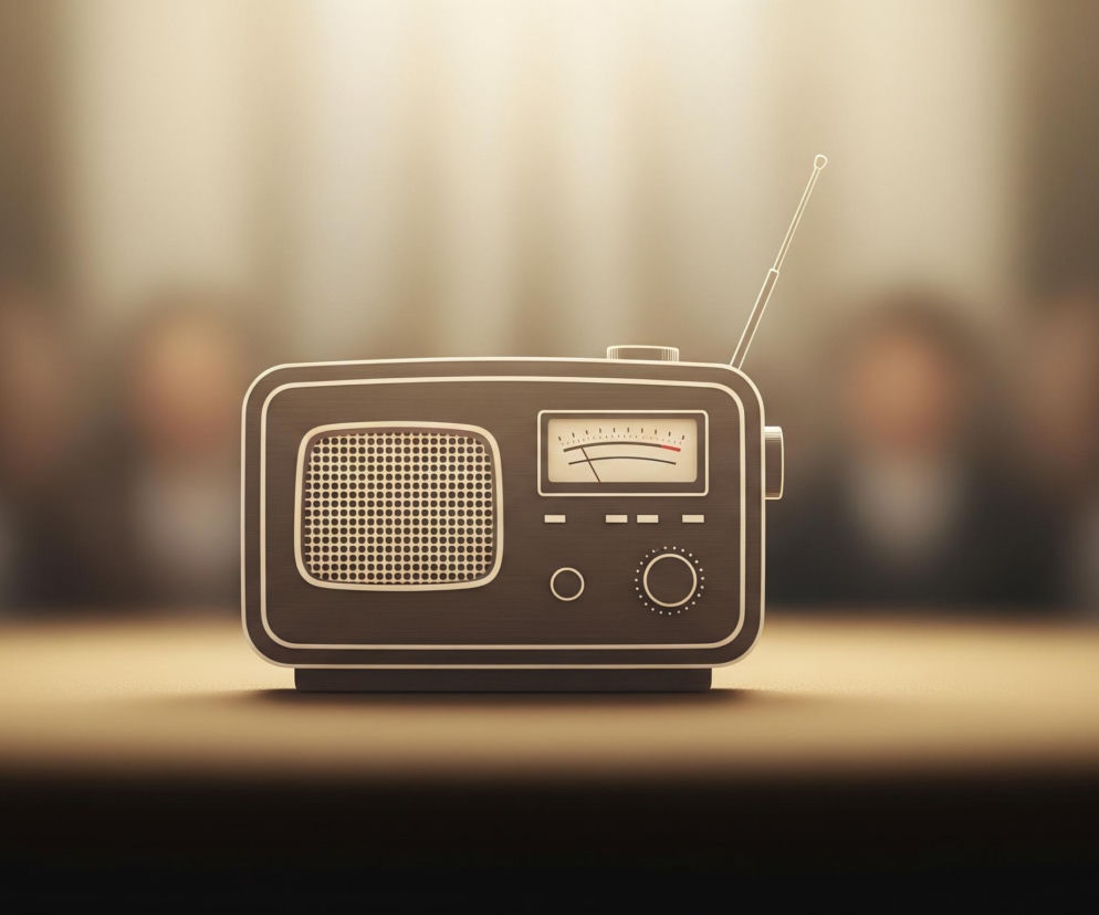 Na pierwszym planie, centralnie, stoi stylizowane, ciemnobrązowe radio z białą ramką. Po lewej stronie radia znajduje się okrągła kratka głośnika z małymi otworami, a po prawej widać prostokątny wskaźnik strojenia z poziomą skalą i czerwoną wskazówką, pod nim trzy prostokątne przyciski i dwa okrągłe pokrętła, jedno z nich otoczone jest kropkami. Z tyłu radia, po prawej stronie, wystaje pionowa antena, lekko pochylona w prawo. Całe radio oświetlone jest od góry ciepłym, żółtawym światłem, które odbija się od błyszczącej, jasnobrązowej powierzchni, na której stoi urządzenie. Tło jest rozmyte, ciemnobrązowe, z jaśniejszymi smugami światła i niewyraźnymi sylwetkami ludzi w górnej części kadru.