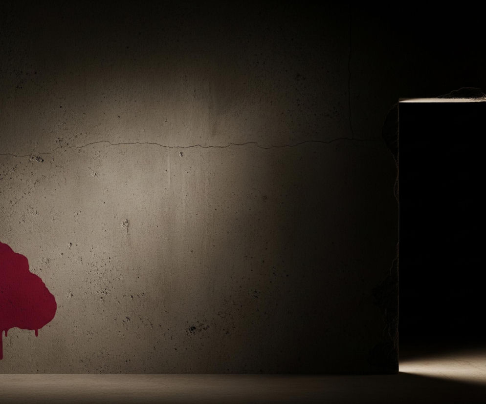 Ciemne, szare, teksturowane tło przypominające betonową ścianę z licznymi pęknięciami i nierównościami dominują w kadrze. Po lewej stronie, w dolnej części ściany, widoczna jest duża, nieregularna plama w kolorze intensywnego, ciemnego karmazynu, z wyraźnymi zaciekami spływającymi w dół. Po prawej stronie kadru znajduje się ciemny, prostokątny otwór, być może przejście lub drzwi, z jaskrawym, pionowym pasem jasnego światła po jego lewej krawędzi oraz szerokim pasem światła padającym na podłogę przed nim. Podłoga w dolnej części obrazu ma beżowo-brązowy odcień i widoczne są na niej poziome linie, przypominające fakturę drewna lub paneli.