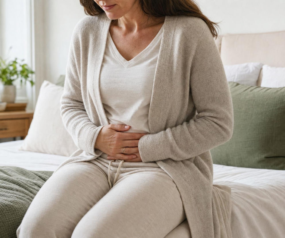Kobieta siedzi na łóżku i trzyma się za brzuch. O objawach raka endometrium przed menopauzą przeczytasz na Poradnik Zdrowie.
