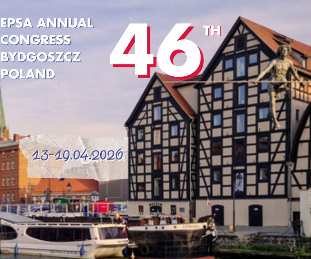 Grafika promocyjna 46. Kongresu EPSA w Bydgoszczy, przedstawiająca charakterystyczną Wyspę Młyńską z zabytkowymi spichrzami i rzeką, z datą 13-19.04.2026. Na Poradniku Zdrowie dowiesz się więcej o roli farmaceutów w profilaktyce.