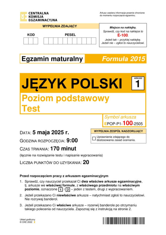 Matura 2025: polski 5.05.2025. Arkusze CKE i odpowiedzi. Poziom podstawowy 1 i 2 część [Formuła 2015]