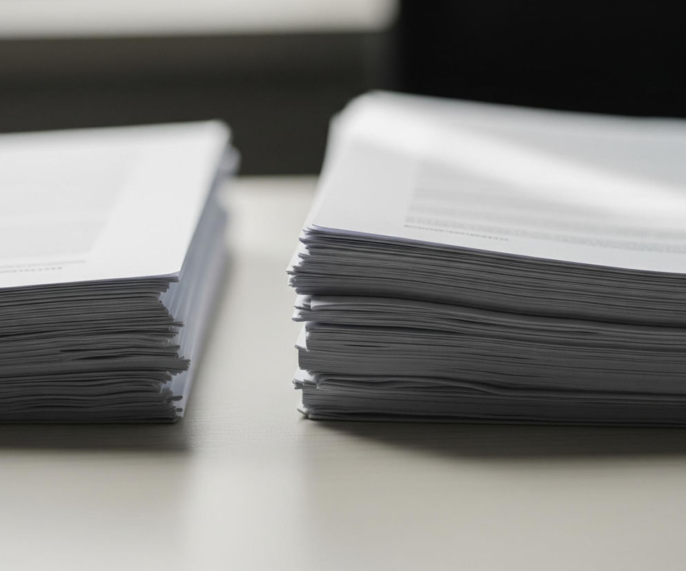 Dwa stosy białych kartek papieru leżą na jasnym, matowym blacie. Stosy są oddzielone niewielką przerwą, a ich boki, ukazujące wiele warstw papieru, są wyraźnie widoczne. Górna część kartek jest rozmyta, ale widać na nich niewyraźne, ciemniejsze fragmenty tekstu lub wzorów. Tło stanowi ciemna, rozmyta powierzchnia.