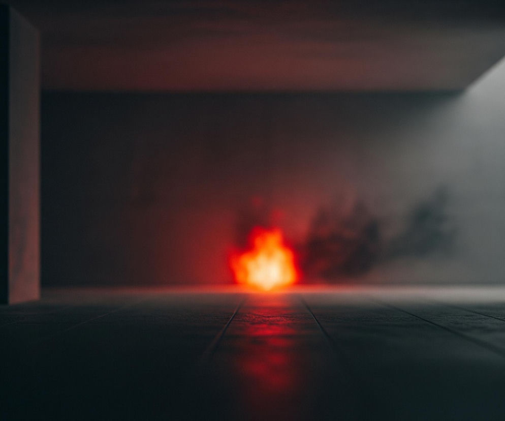 W ciemnym, surowym pomieszczeniu, na wprost widza, rozbłyska jaskrawo pomarańczowo-czerwony ogień, emanujący intensywnym światłem i odbijający się na gładkiej, ciemnej podłodze. Nad płomieniami unosi się gęsty, ciemny dym, rozprzestrzeniający się po szarej ścianie w tle. Po lewej i prawej stronie kadru widoczne są fragmenty ciemnych, pionowych ścian lub filarów, tworzących wejście do tego wnętrza.