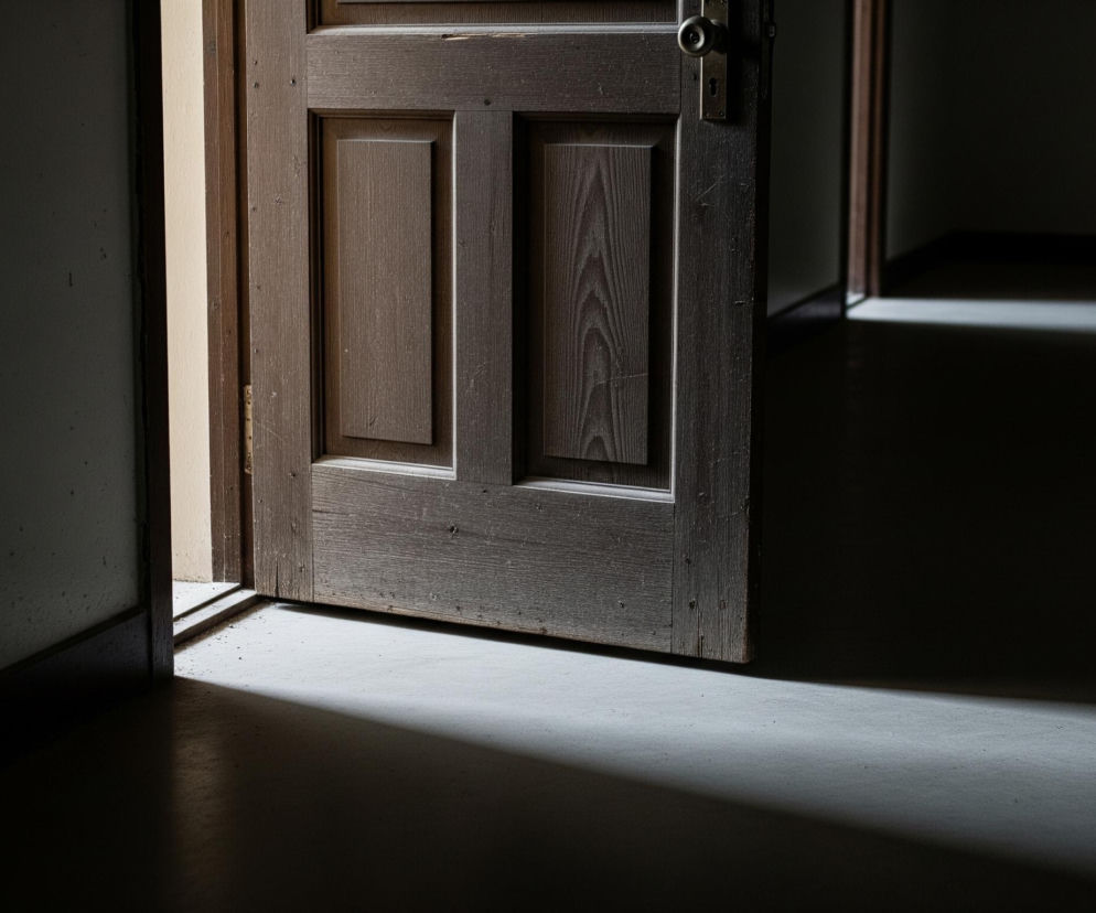 Otworzone brązowe, drewniane drzwi z widocznym usłojeniem zajmują centralną część kadru, częściowo zasłaniając jasną przestrzeń za nimi. Na prawym skrzydle drzwi znajduje się metalowa klamka i otwarty zamek, a na powierzchni drewna widoczne są drobne nierówności i uszkodzenia. Promień światła wpada zza drzwi, tworząc na podłodze wyraźny cień, który stopniowo zanika w ciemnościach pomieszczenia po lewej stronie. W tle, po prawej stronie, widać kolejne lekko uchylone drzwi, zza których również wydobywa się delikatne światło.