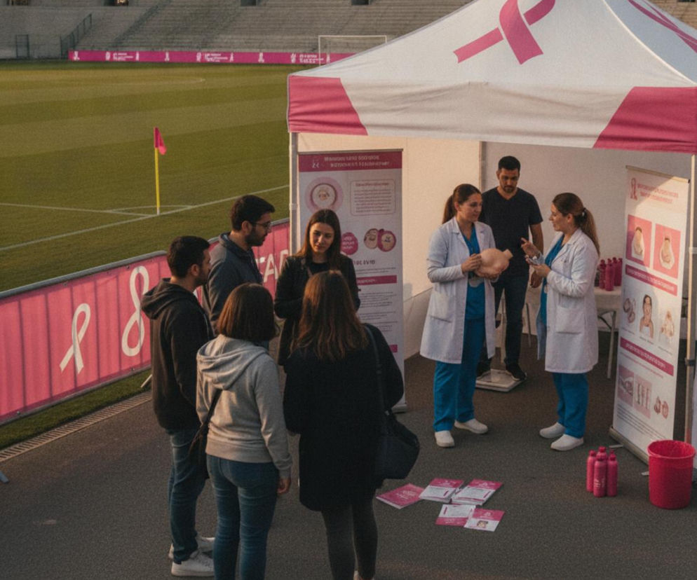 Lekarki w namiocie NFZ na stadionie uczą kibiców samobadania. O akcji profilaktyki raka przeczytasz na Poradnik Zdrowie.