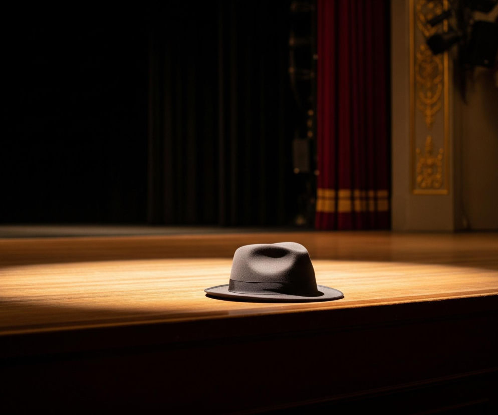 Szary filcowy kapelusz typu fedora leży na środku drewnianej sceny, oświetlony jasnym, okrągłym snopem światła. Drewniana podłoga sceny ma widoczne, poziome usłojenie i ciepły, brązowo-złoty odcień. Tło po lewej stronie jest ciemne, prawie czarne, natomiast po prawej widoczna jest ciemnoczerwona kurtyna ze złotym obramowaniem u dołu oraz fragment bogato zdobionej, złotej balustrady loży teatralnej.