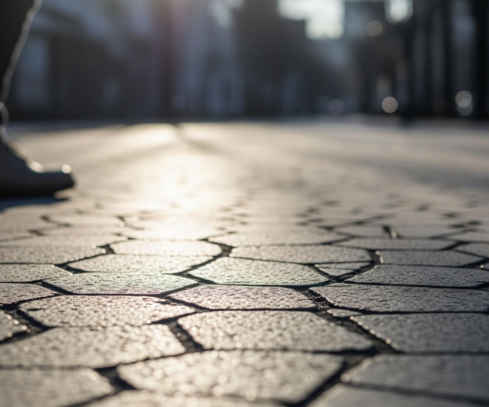 Na pierwszym planie widoczna jest stopa osoby ubranej w ciemne spodnie i jasnobrązowe buty, stojąca na chodniku wyłożonym szarymi, sześciokątnymi płytami. Chodnik pokryty jest drobnymi kropelkami wody, które odbijają światło, tworząc lśniące punkty. Światło słoneczne, padające z prawej strony kadru, oświetla część chodnika, tworząc jasny pas i wydłużony cień osoby po lewej stronie. Tło jest całkowicie rozmyte, z niewyraźnymi konturami budynków i jasnymi, kolistymi plamami świetlnymi.
