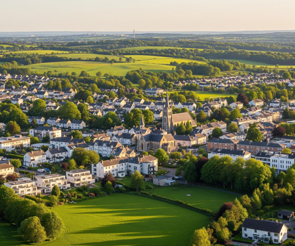 Widok z lotu ptaka przedstawia rozległą miejscowość z dominującym kościołem gotyckim z wysoką iglicą, otoczonym przez liczne, głównie białe i jasne domy z ciemnymi dachami. Zadrzewione tereny zielone, głównie liściaste drzewa w odcieniach intensywnej zieleni, rozpraszają się wśród zabudowań, tworząc bujne plamy zieleni. W tle rozciągają się faliste pola uprawne, przedzielone lasami i pojedynczymi drzewami, a horyzont majaczy w delikatnej, jasnej mgiełce. Słońce, prawdopodobnie wczesnym wieczorem, rzuca długie cienie na pola i niektóre budynki, nadając scenie złocisty blask.