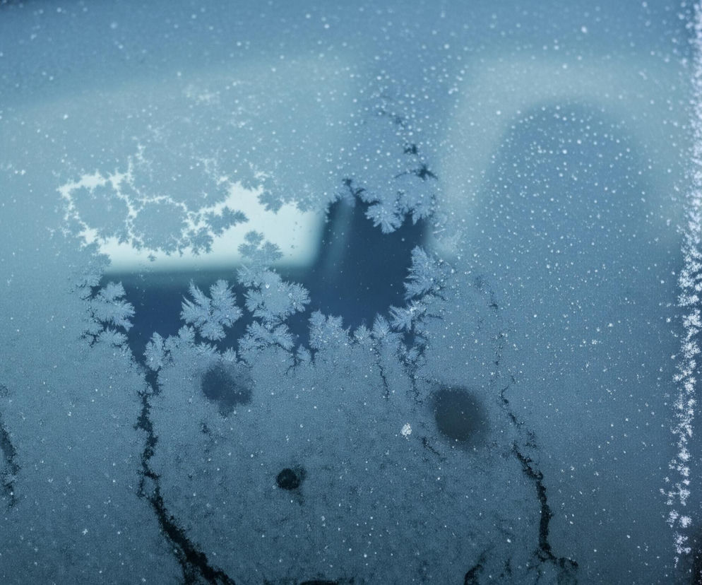 Szron pokrywa szybę samochodu oraz część jego karoserii. Na szybie, w jej centralnej i górnej części, widoczne są złożone, rozgałęziające się wzory kryształków lodu przypominające liście paproci, tworzące jaśniejsze, niemal białe obszary na tle ciemniejszego błękitu. Pozostała powierzchnia szyby jest również pokryta drobinkami szronu, tworzącymi ziarnistą teksturę i rozproszone, jasne punkty. Po prawej stronie, pionowa, czarna ramka okienna oraz fragment karoserii również pokryte są gęstą warstwą szronu.