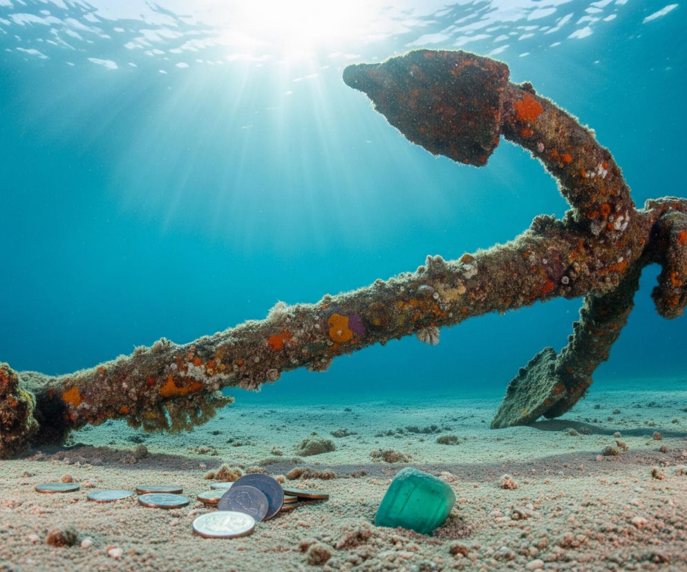 Duża, zardzewiała kotwica, porośnięta gęsto pomarańczowymi, brązowymi i białymi organizmami morskimi, leży na piaszczystym dnie morza, skierowana na prawo. Promienie słoneczne przenikają z powierzchni wody, tworząc jasną smugę światła w górnym centrum obrazu, rozświetlając turkusową toń. Wokół podstawy kotwicy, po lewej stronie, rozsypane są monety, a po prawej, częściowo zagrzebany w piasku, leży turkusowy, przezroczysty kawałek szkła.