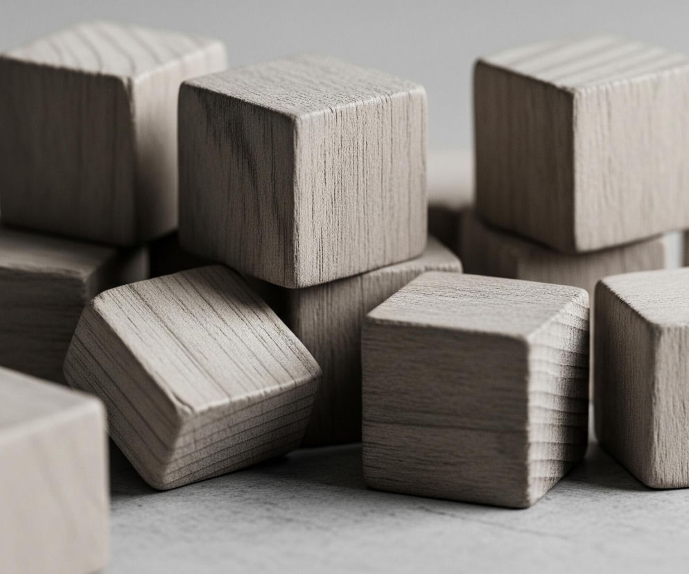 Stos kilkunastu drewnianych kostek o zaokrąglonych krawędziach, ułożonych na jasnoszarym blacie lub podłożu. Kostki są w różnych odcieniach beżu i jasnego brązu, z widoczną teksturą drewna, przedstawioną w odcieniach szarości. Niektóre kostki tworzą małe wieże, inne leżą swobodnie, z ostrością skupioną na elementach w centralnej części kadru.