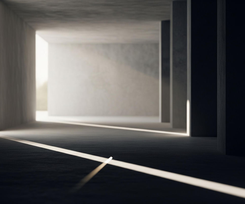 Wąski, betonowy korytarz rozciąga się w głąb obrazu, z promieniami światła wpadającymi od lewej strony i tworzącymi jasne pasy na ciemnej podłodze oraz ścianach. Przednia część pomieszczenia po prawej stronie jest zacieniona przez duży, ciemny filar, natomiast dalsze sekcje korytarza jaśnieją, ukazując odcienie szarości i bieli na betonowych powierzchniach. Perspektywa prowadzi wzrok w kierunku rozświetlonego końca korytarza, gdzie intensywne, białe światło rozmywa kontury ścian.