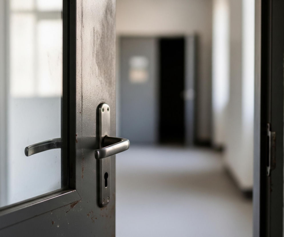 W lewej części kadru otwarta jest metalowa, szara rama drzwiowa z szybą i srebrną klamką. Powierzchnia drzwi jest matowa i nosi ślady zużycia, z widocznymi rdzawymi plamami i otarciami, szczególnie w dolnej części ramy. W tle, za otwartymi drzwiami, rozciąga się długi, pusty korytarz z białymi ścianami i jasną podłogą, prowadzący do kolejnych drzwi widocznych w oddali.