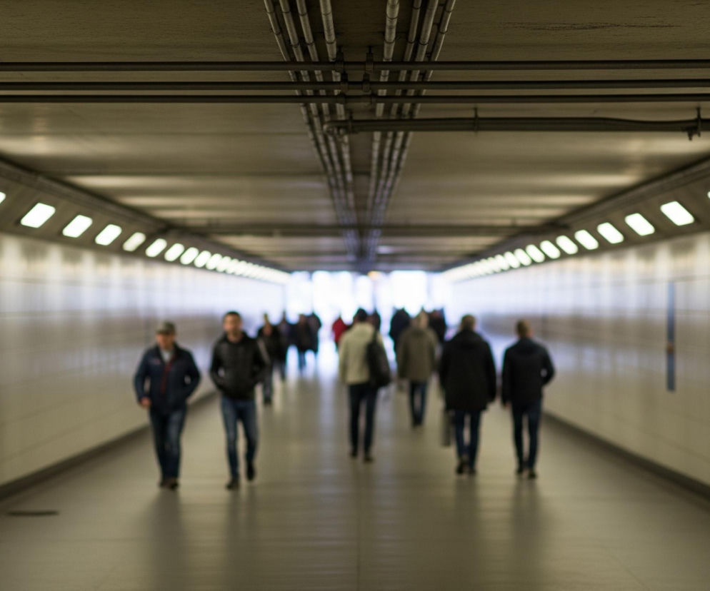 Tunel lub przejście podziemne oświetlone jest rzędami kwadratowych, białych lamp umieszczonych wzdłuż sufitu, z widocznymi rurami i elementami konstrukcyjnymi. Ściany pokryte są jasnymi, prostokątnymi płytkami, tworzącymi regularny wzór. Grupa rozmazanych postaci idzie w głąb tunelu, w kierunku jaśniejszego wyjścia, natomiast dwie postaci, bardziej ostre, zmierzają w przeciwnym kierunku, z lewej strony kadru. Podłoga jest gładka i jednolita, w odcieniach szarości, odzwierciedlająca światło.