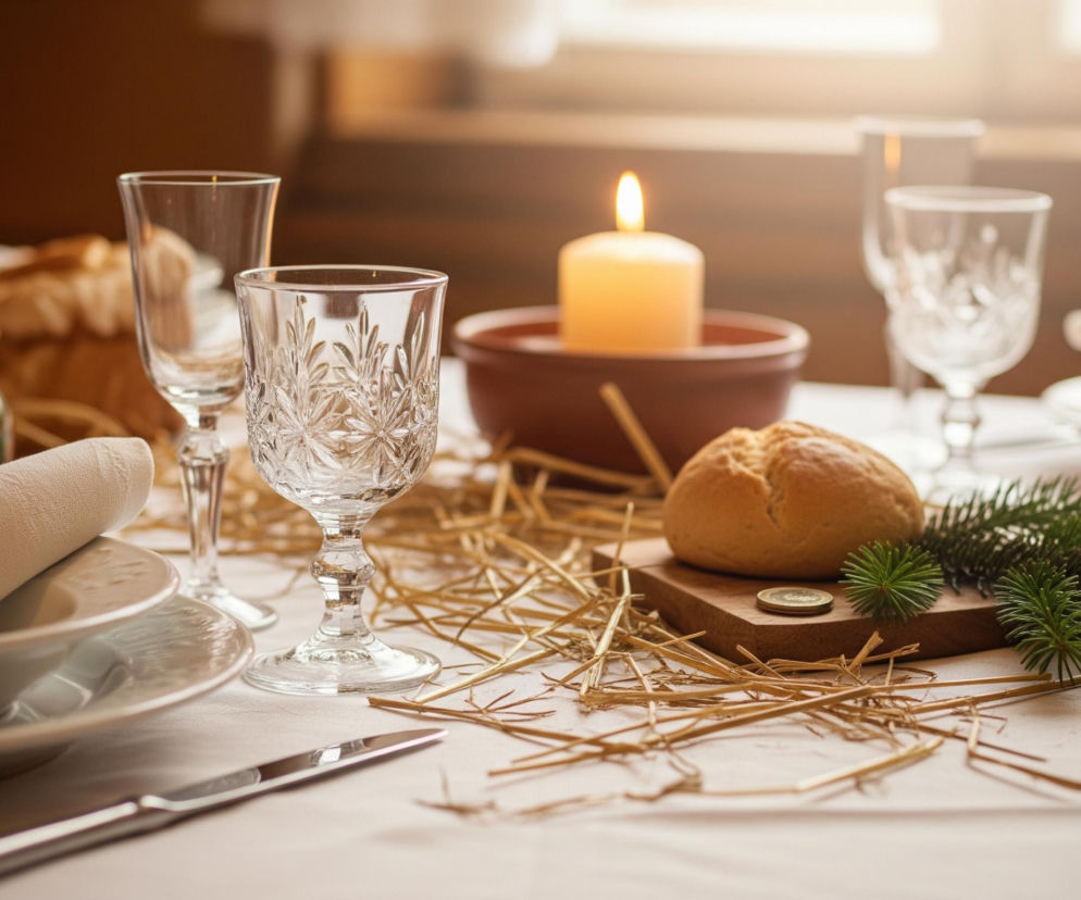 Stół nakryty białym obrusem jest centralnym elementem, przygotowanym do świątecznej kolacji. Na stole leży rozsypane suche siano, a wśród niego widoczne są cztery szklane kieliszki o różnej fakturze, biała zastawa złożona z talerza i miski zrolowaną serwetką z drewnianą obrączką, oraz metalowy widelec i nóż. W tle, po lewej stronie, stoi ceramiczny dzbanek z zielonymi zdobieniami, a za nim duży bochenek chleba; po prawej stronie oświetlona, duża biała świeca w brązowej misie roztacza ciepłe światło, a na drewnianej desce leży mała bułka, dwie monety oraz zielona gałązka iglasta.