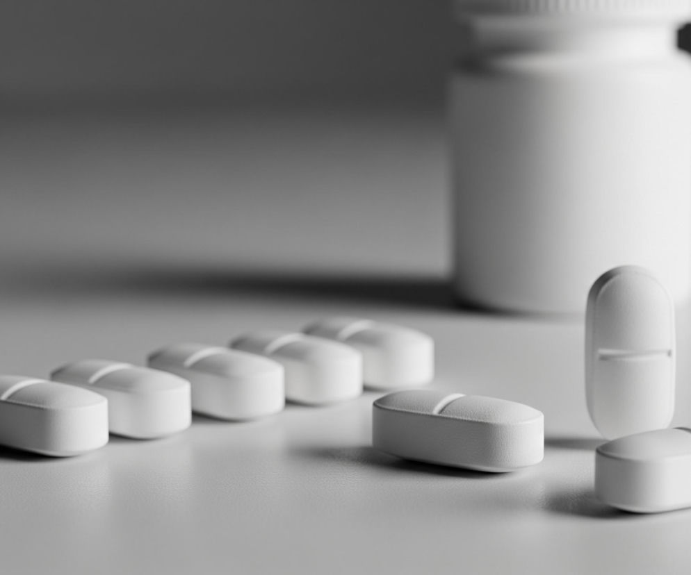Na szarym tle leży rząd białych, podłużnych tabletek, każda z widoczną linią podziału pośrodku. W pierwszym planie po prawej stronie dwie tabletki są ułożone nieco inaczej: jedna stoi pionowo, a druga leży tuż przed nią, prostopadle do poprzedniego rzędu. W oddali, po prawej stronie, widać rozmyte, białe opakowanie tabletek. Oświetlenie z lewej strony tworzy delikatne cienie pod tabletkami, podkreślając ich kształt.