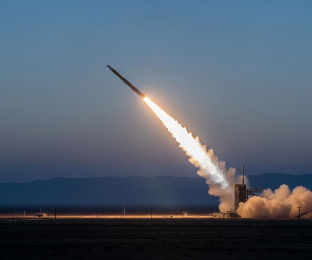 Czarna rakieta startuje z platformy wyrzutni, wznosząc się skośnie w lewo ku niebieskiemu niebu. Z tyłu rakiety wydobywa się intensywnie pomarańczowo-biały płomień, tworząc gęsty słup dymu i ognia. U podstawy rakiety rozpościera się duża, beżowo-biała chmura dymu, otaczająca fragment konstrukcji startowej. W oddali widać ciemne, pofalowane pasma gór, a na horyzoncie ciągnie się lekko oświetlony pas terenu, z kilkoma widocznymi słupami.